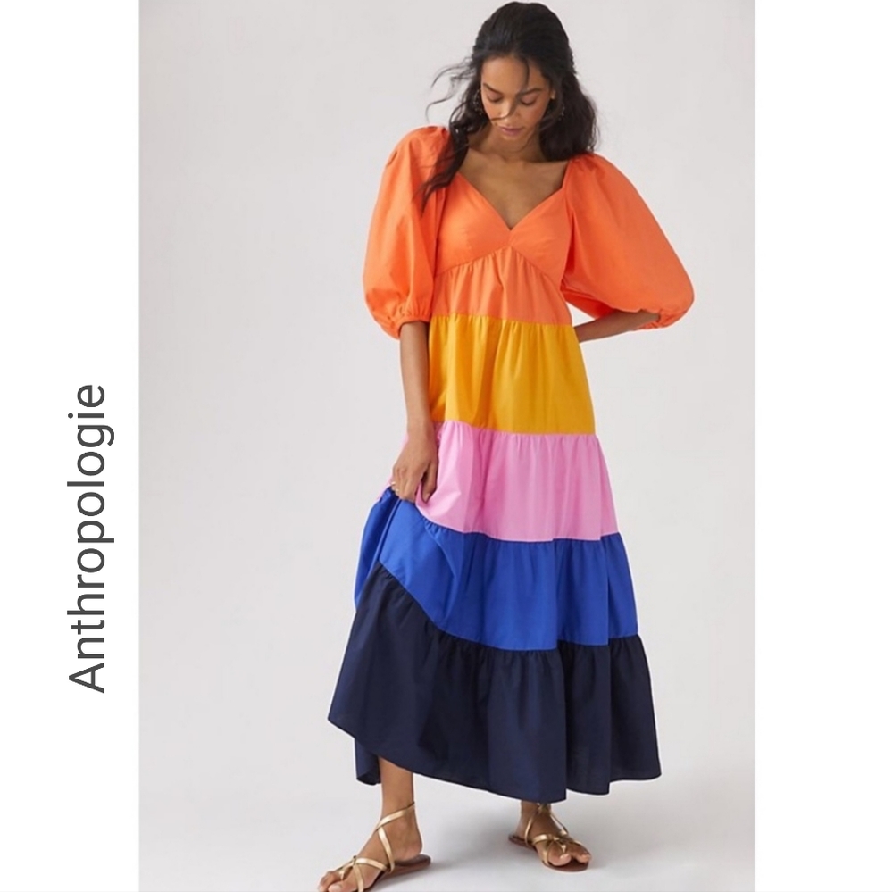 Anthropologie Colorblock Tiered Maxi Dress in Orange, Yellow, Pink, Blue, Navy